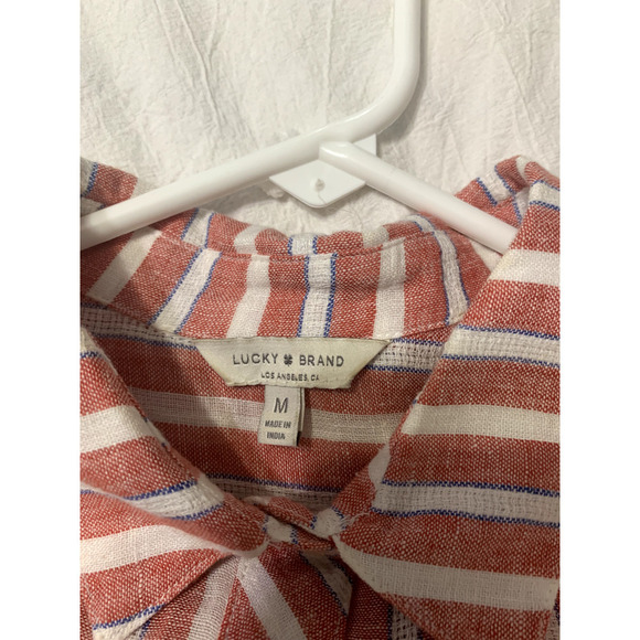 Lucky Brand Womens Button Front Linen Viscose Blend Top M Knot Back Striped - Picture 5 of 7